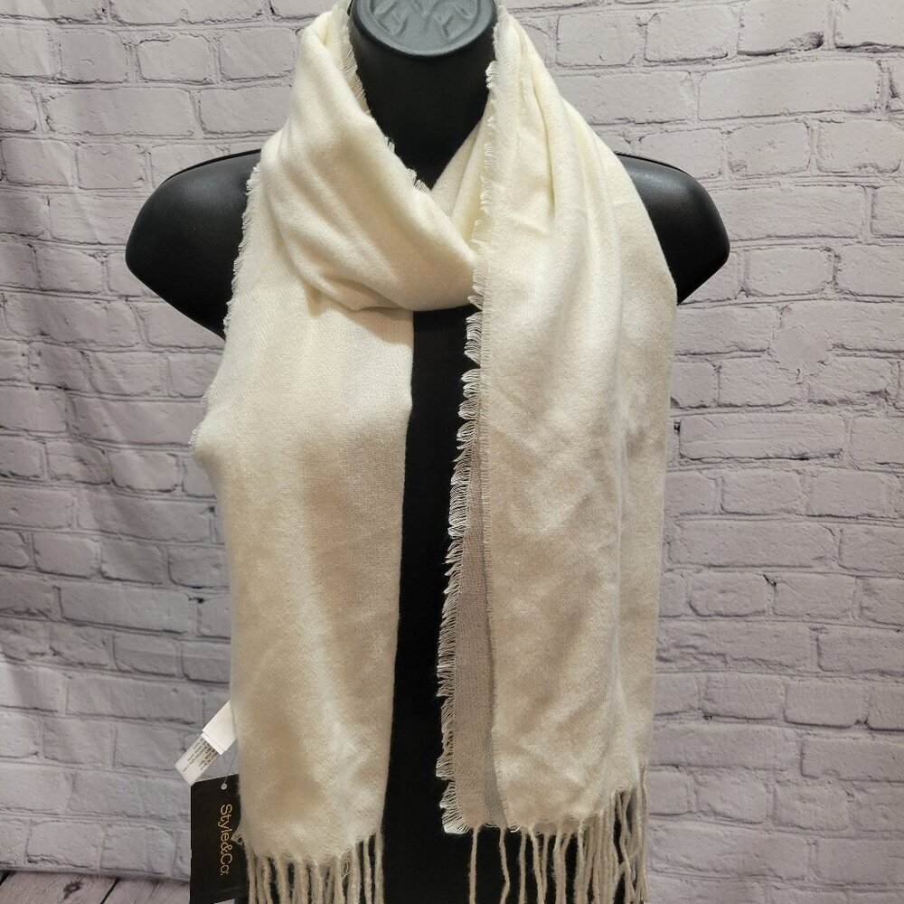 Style & Co Fringe Detail Solid Soft Wrap- Ivory